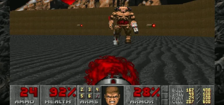 Scena di gioco di Doom 1993 con demoni e ambientazione infernale