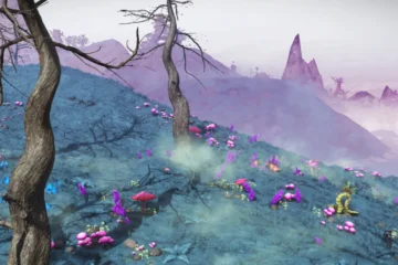 Astronauta che osserva un pianeta alieno in No Man’s Sky, con navicella spaziale sullo sfondo – No Man’s Sky recensione