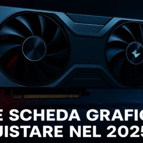 Scheda grafica moderna illuminata da luci rosse e blu su sfondo tecnologico – quale scheda grafica acquistare 2025