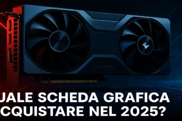 Scheda grafica moderna illuminata da luci rosse e blu su sfondo tecnologico – quale scheda grafica acquistare 2025
