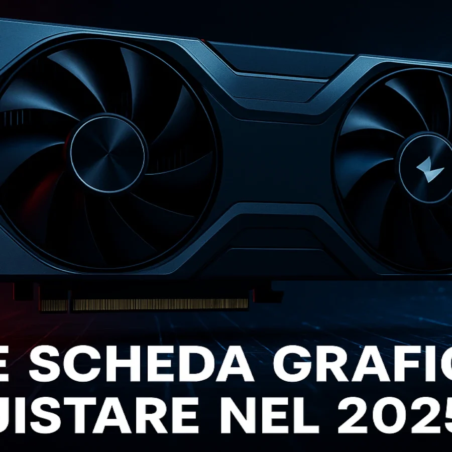 Scheda grafica moderna illuminata da luci rosse e blu su sfondo tecnologico – quale scheda grafica acquistare 2025