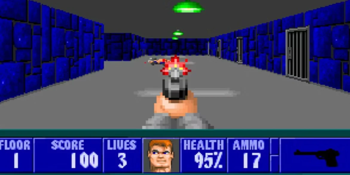 Screenshot di Wolfenstein 3D (1992) – il protagonista B.J. Blazkowicz combatte nel castello nazista