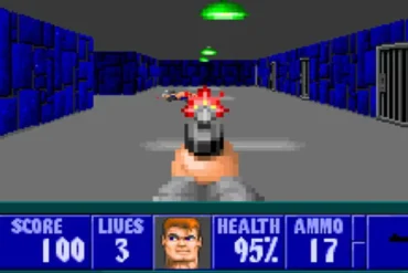 Screenshot di Wolfenstein 3D (1992) – il protagonista B.J. Blazkowicz combatte nel castello nazista